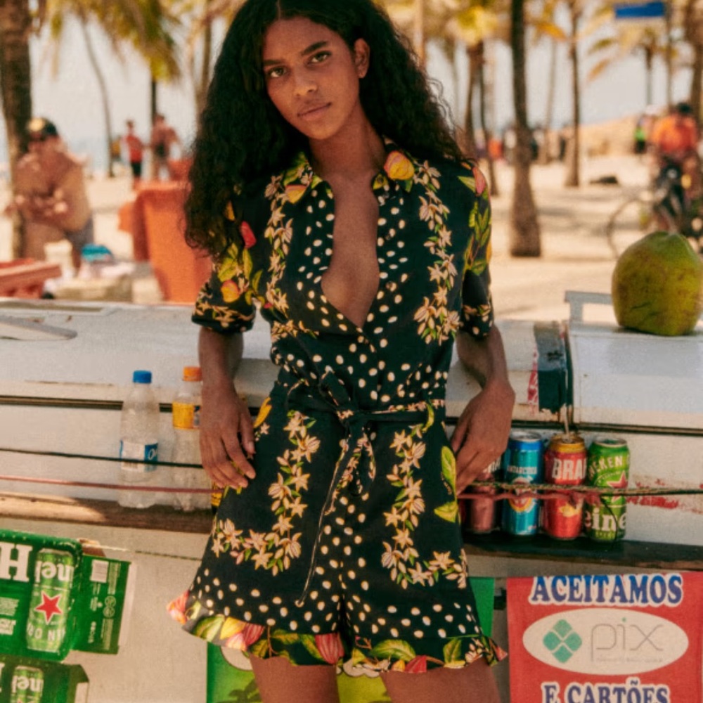 Sezane + Farm Rio, black romper with yellow floral design, 34